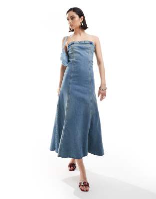 Mango bandeau denim midi dress in light blue