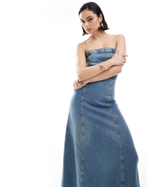 mango denim midi dress Mango v neck soft denim a line midaxi dress in blue