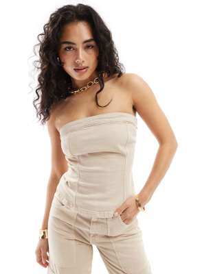 bandeau denim top in light beige - part of a set-Blue