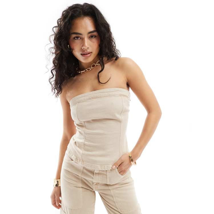 Mango bandeau denim top in light beige - part of a set | ASOS
