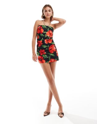 bandeau flower mini dress in black and red