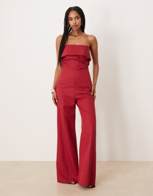 Mango Bandeau Fold Detail Jumpsuit In Red