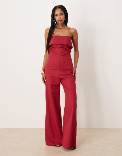 Mango bandeau fold detail jumpsuit in dark red - view 1