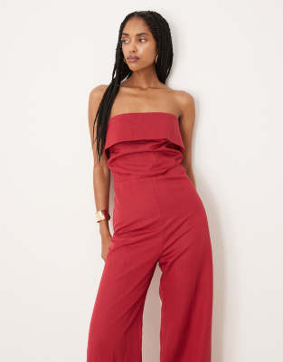 Mango Bandeau Fold Detail Jumpsuit In Red