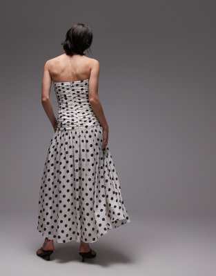 Mango bandeau maxi dress with dropped waist and ruched bodice in mono polka dot print 