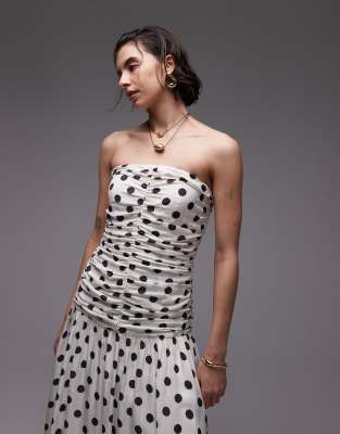 Mango bandeau maxi dress with dropped waist and ruched bodice in mono polka dot print 