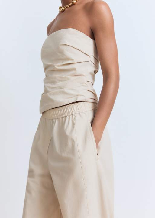Mango bandeau ruched side asymmetric top & trouser co-ord in ivory