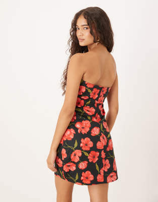 Mango Bandeau Ruched Sides Mini Dress In Red