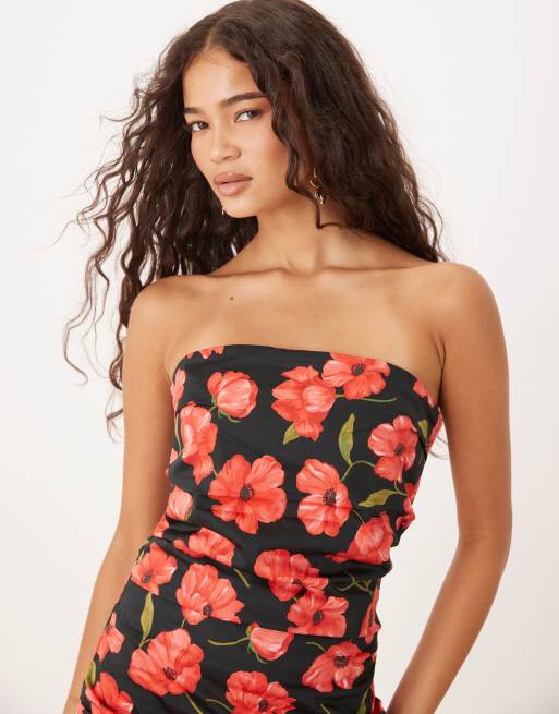 Mango bandeau ruched sides mini dress in red floral print, 3 of 4