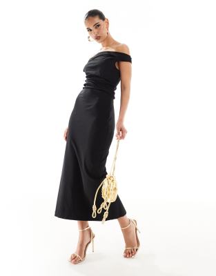 Mango Bardot Cinched Waist Midi Dress In Black