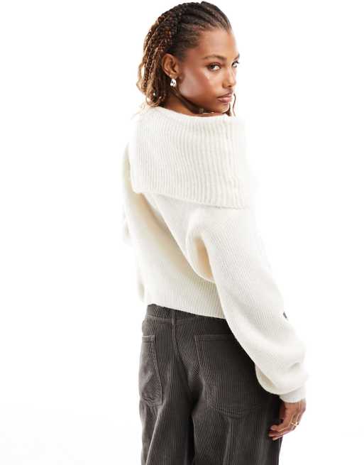 Mango bardot jumper with side split in white ASOS