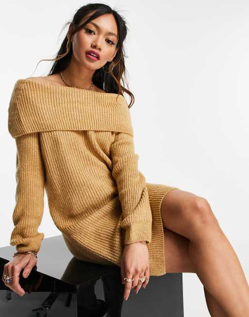 Mango bardot knitted dress in camel ASOS