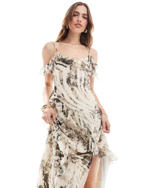 Mango – Bardot-Midikleid in Grau mit Tierfell-Mustermix