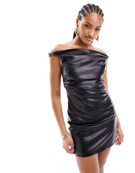 Mango bardot twist leather look dress in black - view 1