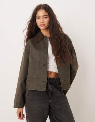 Mango - Barn-Jacke aus Baumwollmix in Khaki-Grün