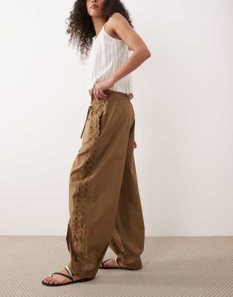 Mango barrel leg embroidered detail trouser in brown - view 1