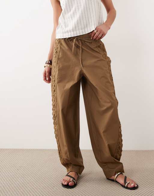 Mango barrel leg embroidered detailing pants in brown, 2 of 5