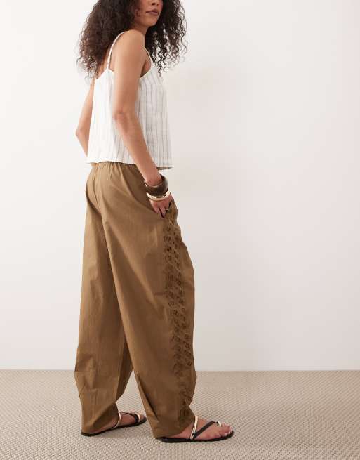 Mango barrel leg embroidered detailing pants in brown, 5 of 5