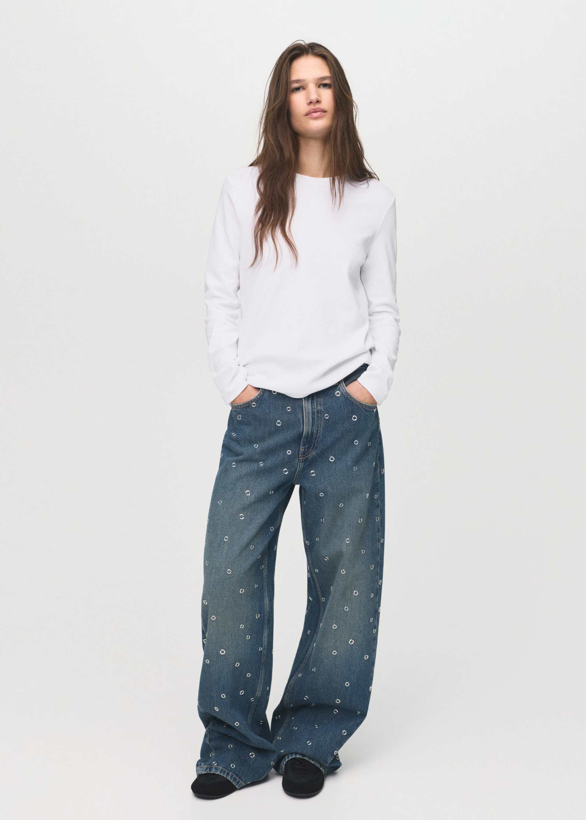 mango barrel leg jeans with grommet detailing in mid blue