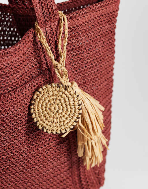 Mango – Bärröd toteväska i raffia, 3 av 4