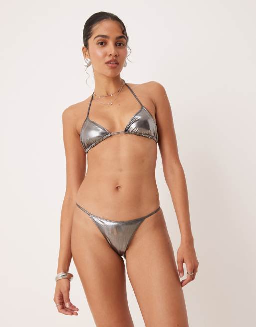 Mango - Bas de bikini noué sur les côtés - Argenté métallisé