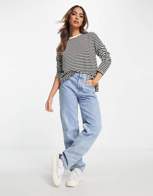 Mango basic 3/4 sleeve striped tee in black and white