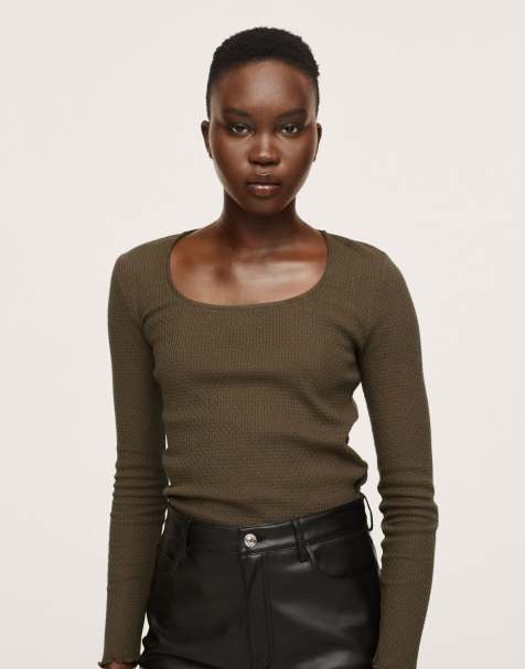 Mango - Basic top met lange mouwen in bruin - view 1