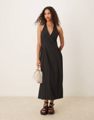 Mango - Baumwoll-Midaxikleid in Schwarz mit Neckholder, tiefer Taille und strukturiertem Oberteil