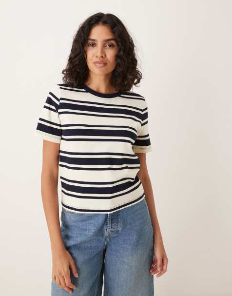 Mango – Baumwoll-T-Shirt mit Streifen in Cremeweiß und Schwarz - view 1