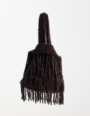 Mango Beaded Bag In Brown