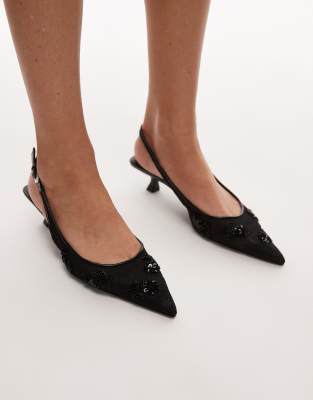MANGO BEADED POINTED SLINGBACK KITTEN HEEL SIN BLACK 