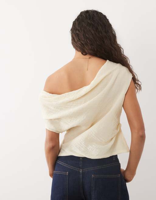 Mango – Beige, ärmlös topp i linnemix med asymmetrisk drapering, 4 av 4
