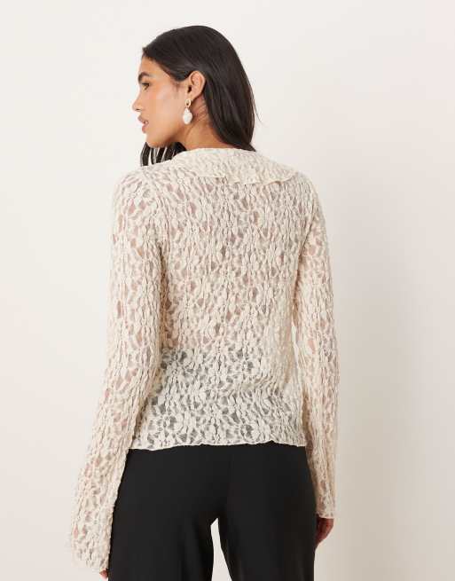 Mango - Beige bluse med lange ærmer, flæsedetaljer og tekstur, 3 af 4