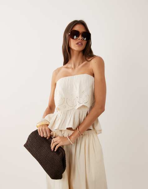 Mango – Beige, broderad topp i 100% bomull med bara axlar - view 1