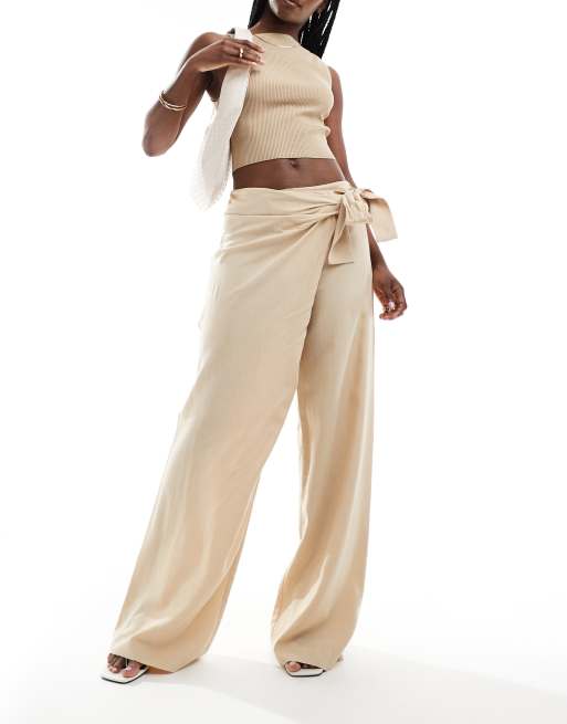 Mango – Beige byxor i linnemix med omlottdesign