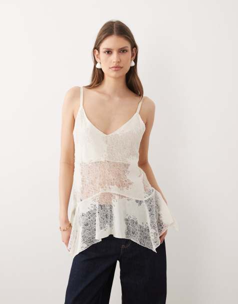 Mango - Beige cami-top i gennemsigtigt blondestof med asymmetrisk snit - view 1