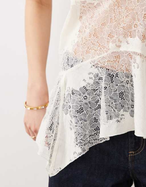 Mango - Beige cami-top i gennemsigtigt blondestof med asymmetrisk snit, 2 af 4