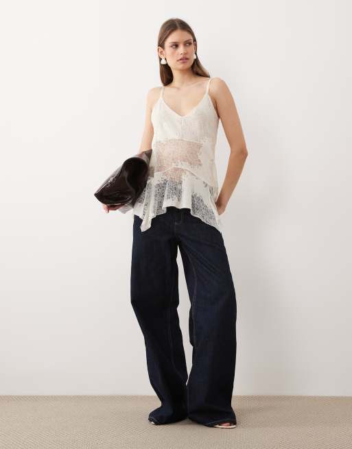 Mango - Beige cami-top i gennemsigtigt blondestof med asymmetrisk snit, 4 af 4