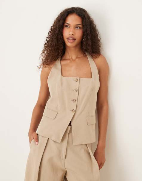 Mango – Beige, figursydd kostymväst i bomullsmix med halterneck, del av set - view 1