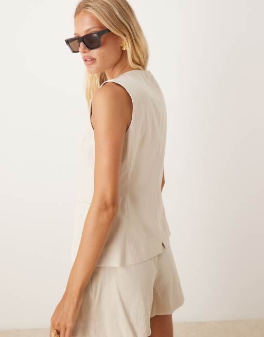Mango – Beige, figursydd kostymväst med båtringning, del av set, 4 av 4