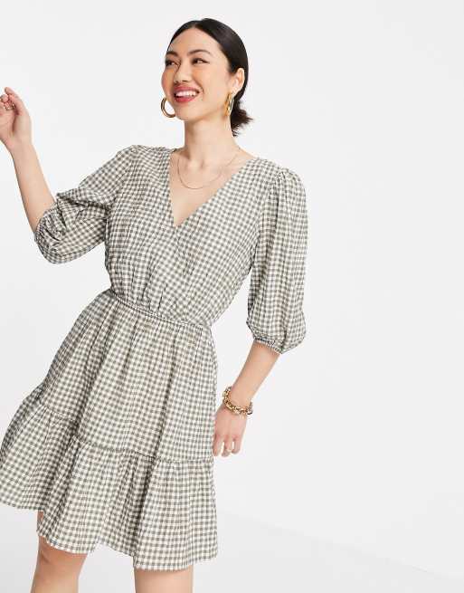 Mango – Beige ginghamrutig omlottklänning