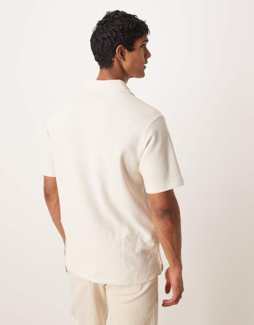 Mango – Beige, hålstickad pikétröja med öppen krage, 4 av 4