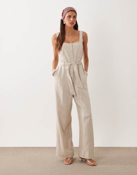 Mango – Beige jumpsuit i linnemix med knytmidja - view 1