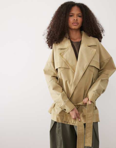 Mango – Beige, kort jacka i 100% bomull med skärp - view 1