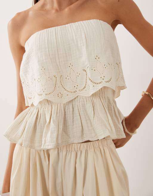Mango - Beige offshoulder-top i 100% bomuld med broderi, 2 af 4
