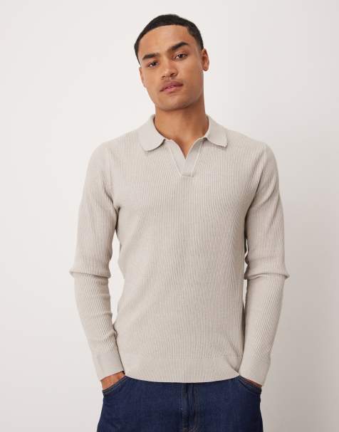 Mango - Beige og ribstrikket polotop i bomuldsblanding - view 1