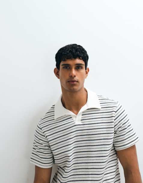 Mango - Beige polotop med reverskrave og striber - view 1