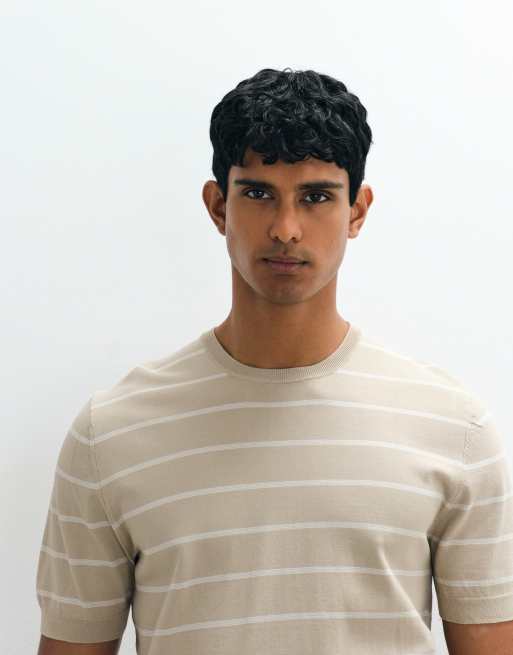 Mango – Beige, randig, stickad t-shirt med smal passform, 3 av 5