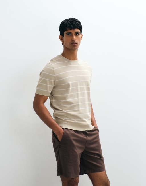 Mango – Beige, randig, stickad t-shirt med smal passform, 4 av 5