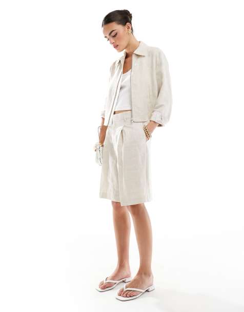 Mango – Beige shorts av linnetyg med smal passform, del av set - view 1